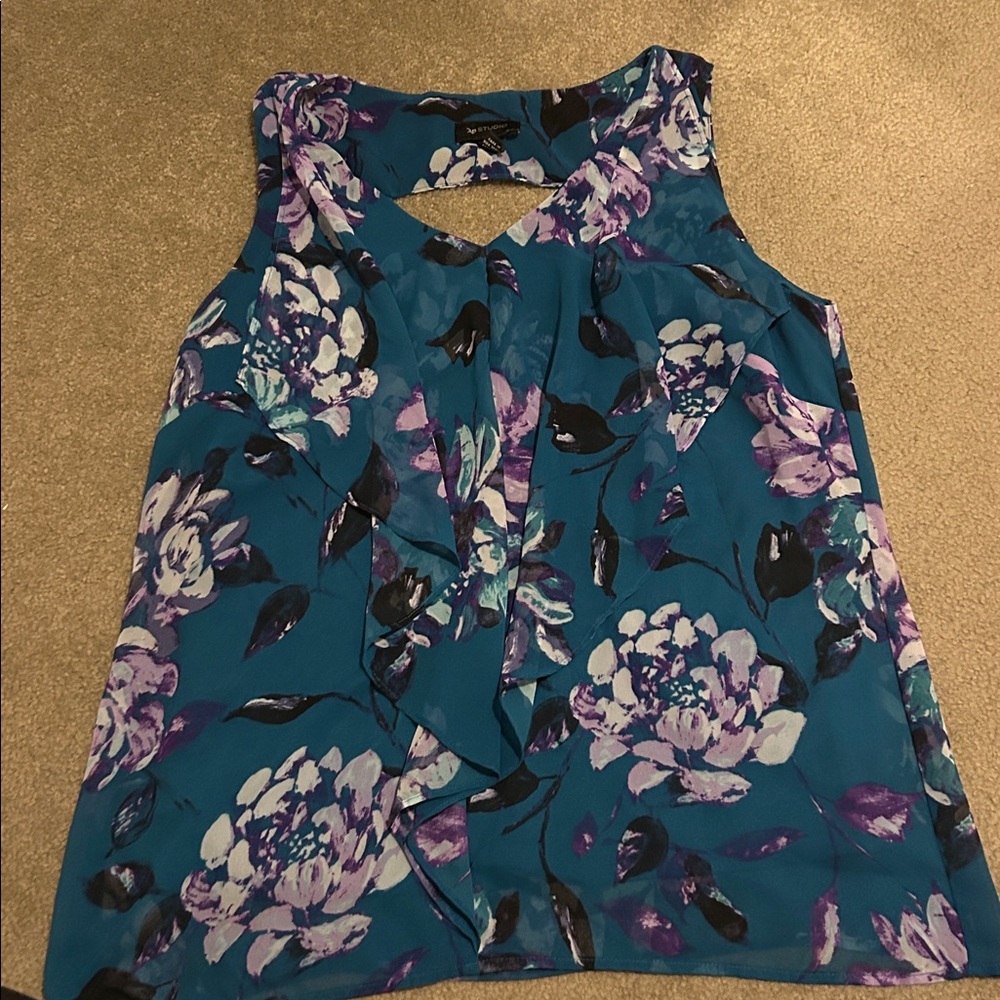 AB Studio Teal and Purple Floral Top